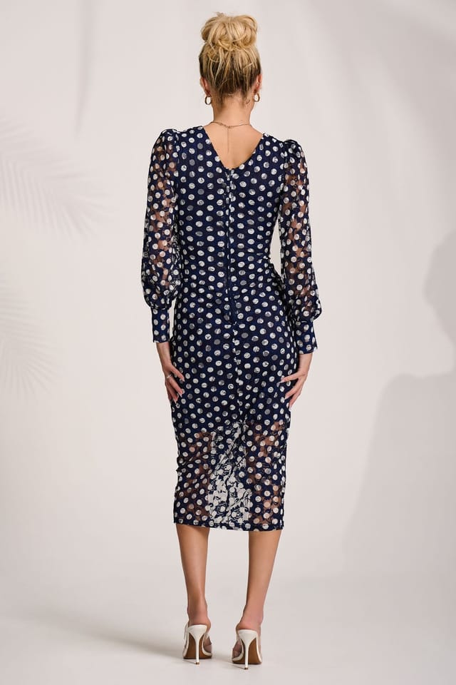 Jolie Moi Jolie Moi Women's Lace Long Sleeve Ruched Bodycon Dress in Navy - 2