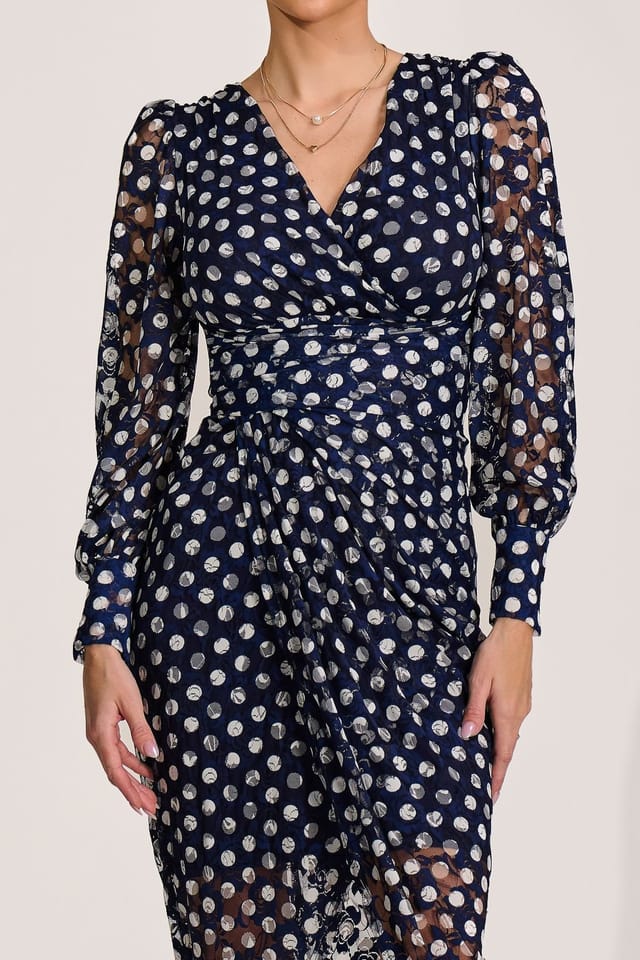 Jolie Moi Jolie Moi Women's Lace Long Sleeve Ruched Bodycon Dress in Navy - 3