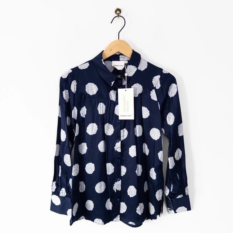 Fabienne Chapot Fabienne Chapot Nina Blouse Size 6 NEW Navy Blue Satin Printed Long Sleeve