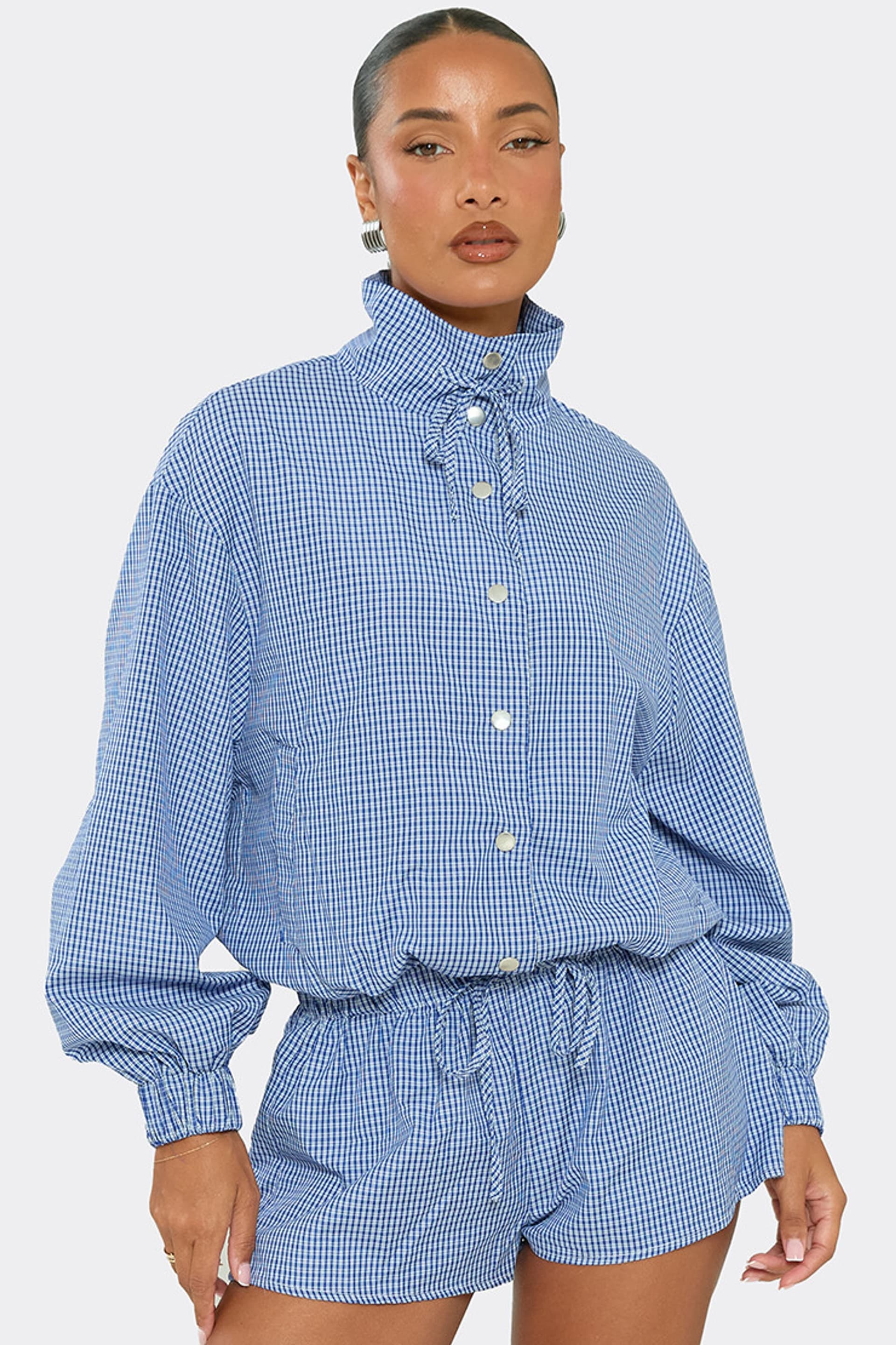 EGO EGO Women's Blouson Style Long Sleeve Button Checked Playsuit in Mid Blue