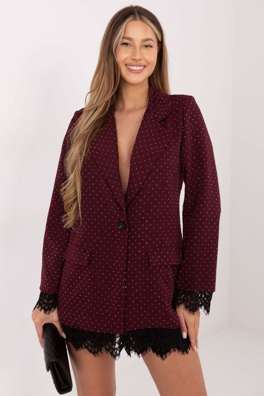 Love Lace Women's Elegant Lace Trim Blazer with Jet Detail in Burgundy