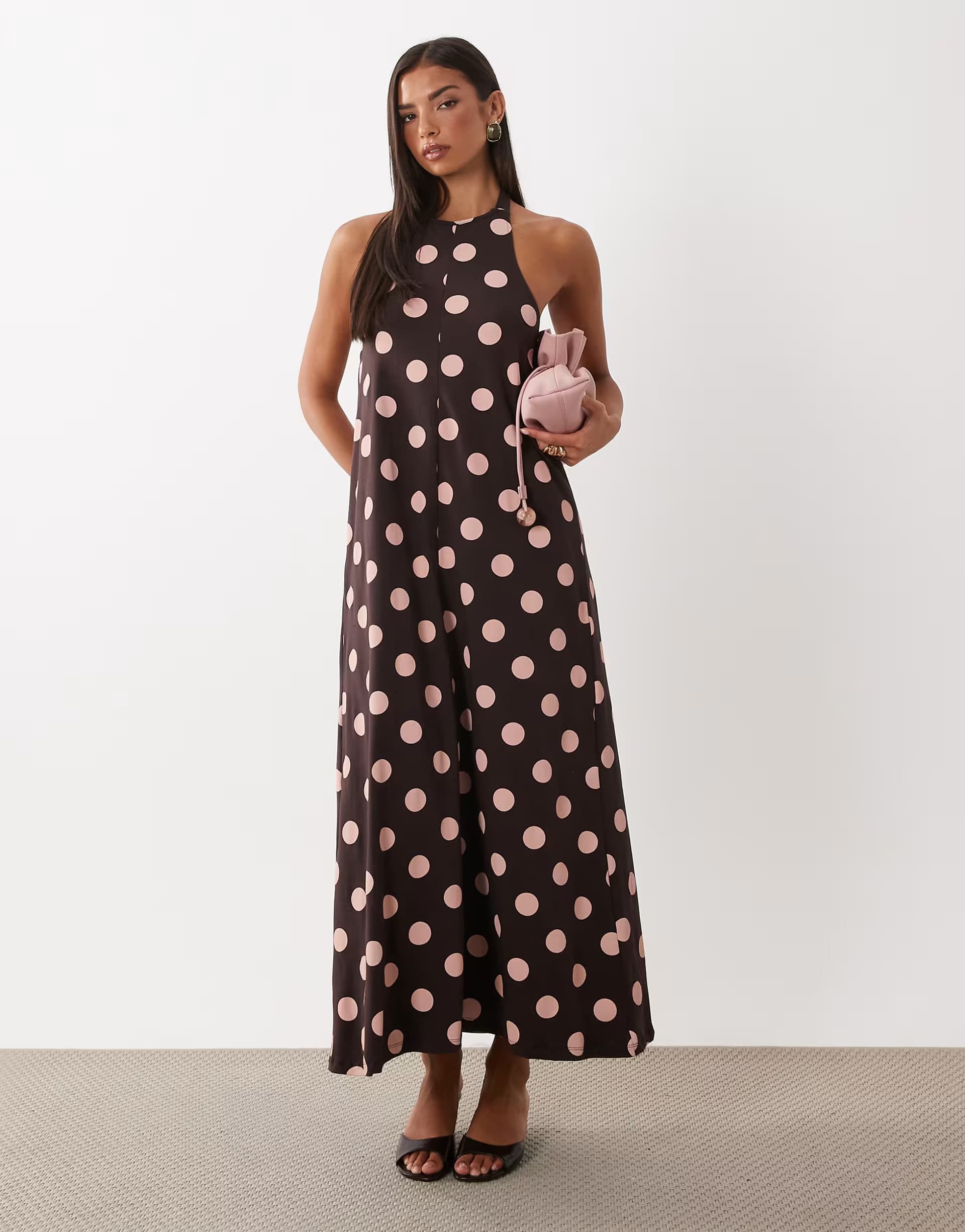 ASOS ASOS DESIGN polka dot trapeze midi dress in brown and pink