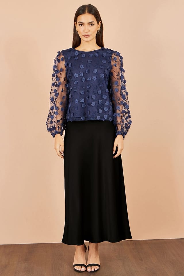 Yumi Yumi Women's Sheer Sleeve Applique Flower Top in Navy - 2
