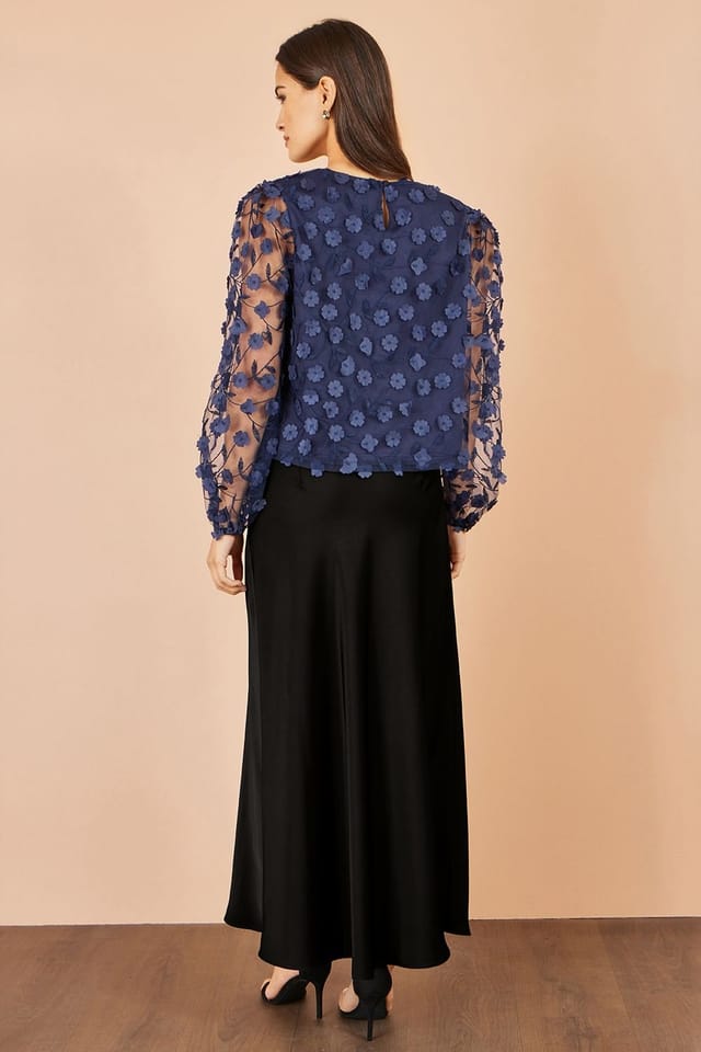 Yumi Yumi Women's Sheer Sleeve Applique Flower Top in Navy - 3