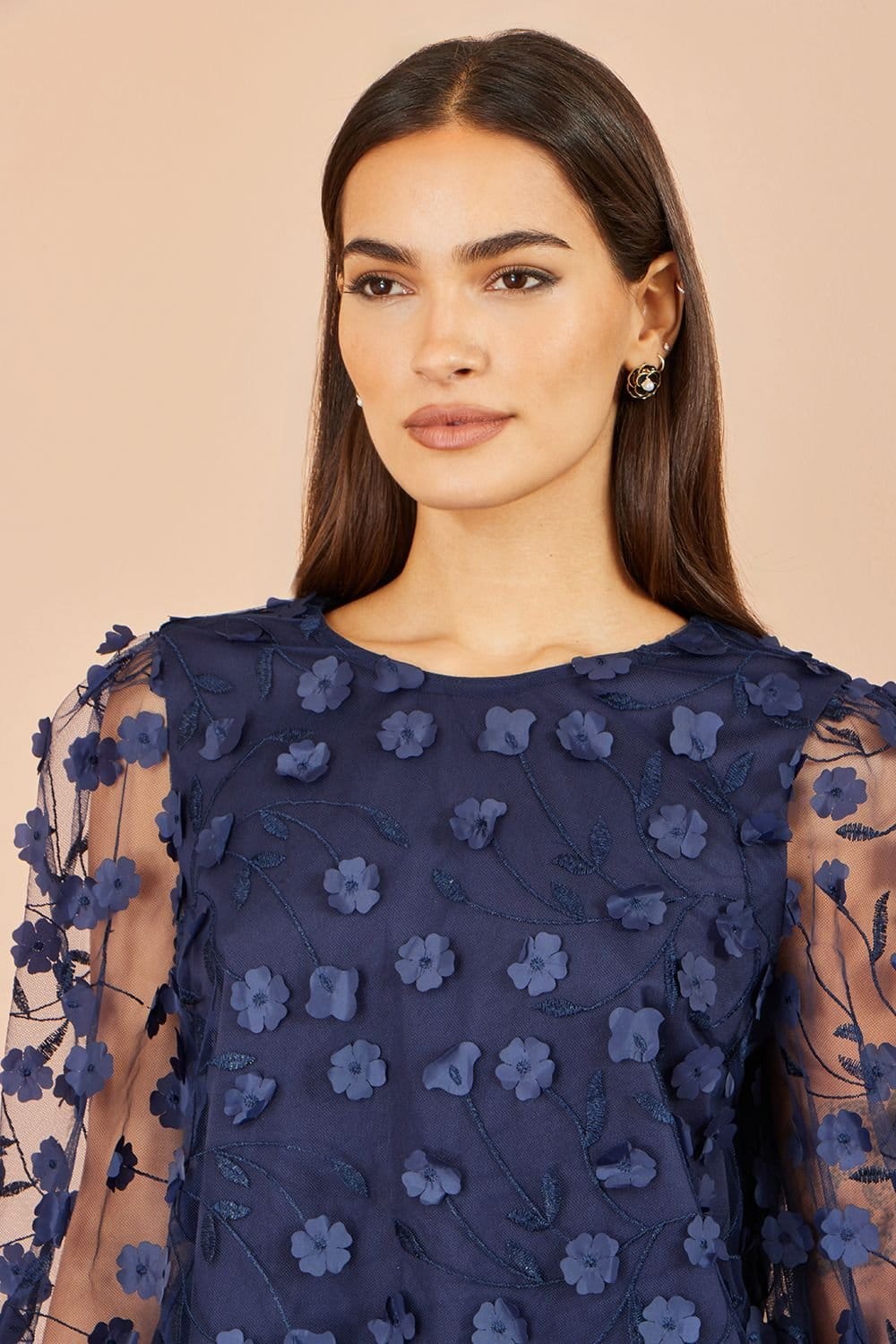 Yumi Yumi Women's Sheer Sleeve Applique Flower Top in Navy - 4