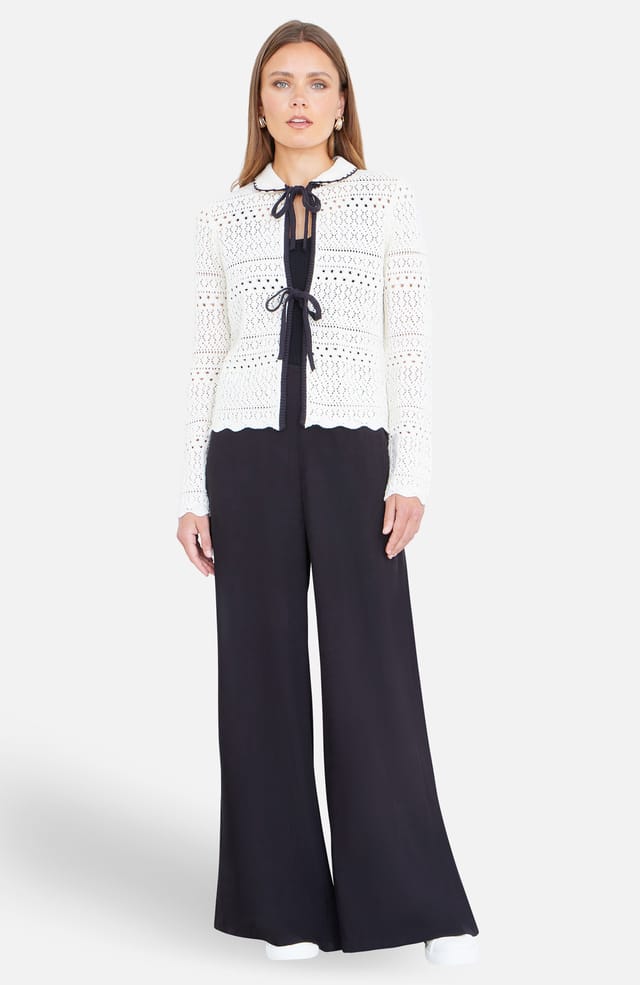 Yumi Yumi Women's Ivory Crochet Knitted Cardigan With Peter Pan Collar in Off-White - 2