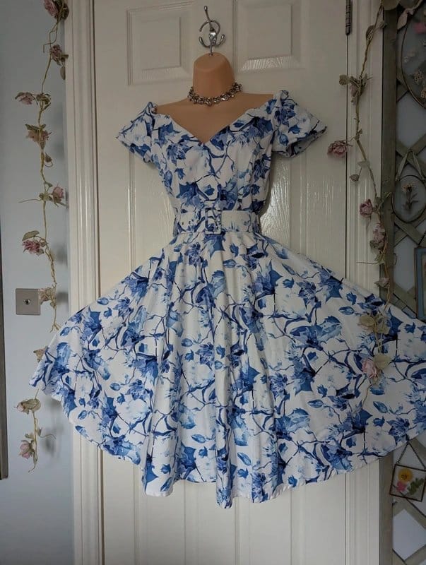 British Retro 💙 British Retro Dee Dee Wedgewood Ivory Blue Bardot Fit & Flare Dress Size 12 💙 - 1
