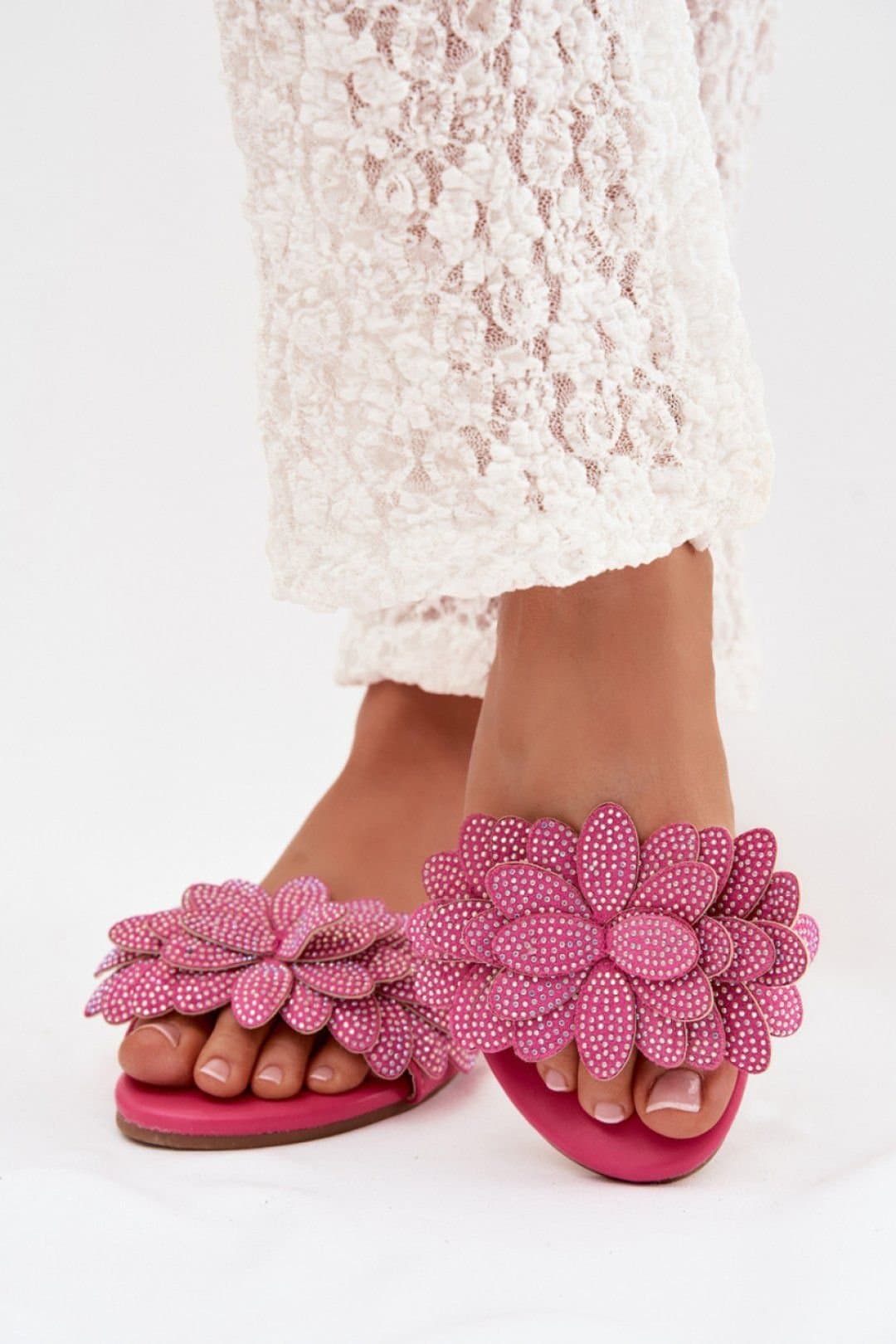 Love Lace Love Lace Pink Comfort Flat Sole Sandals With Decorative Front