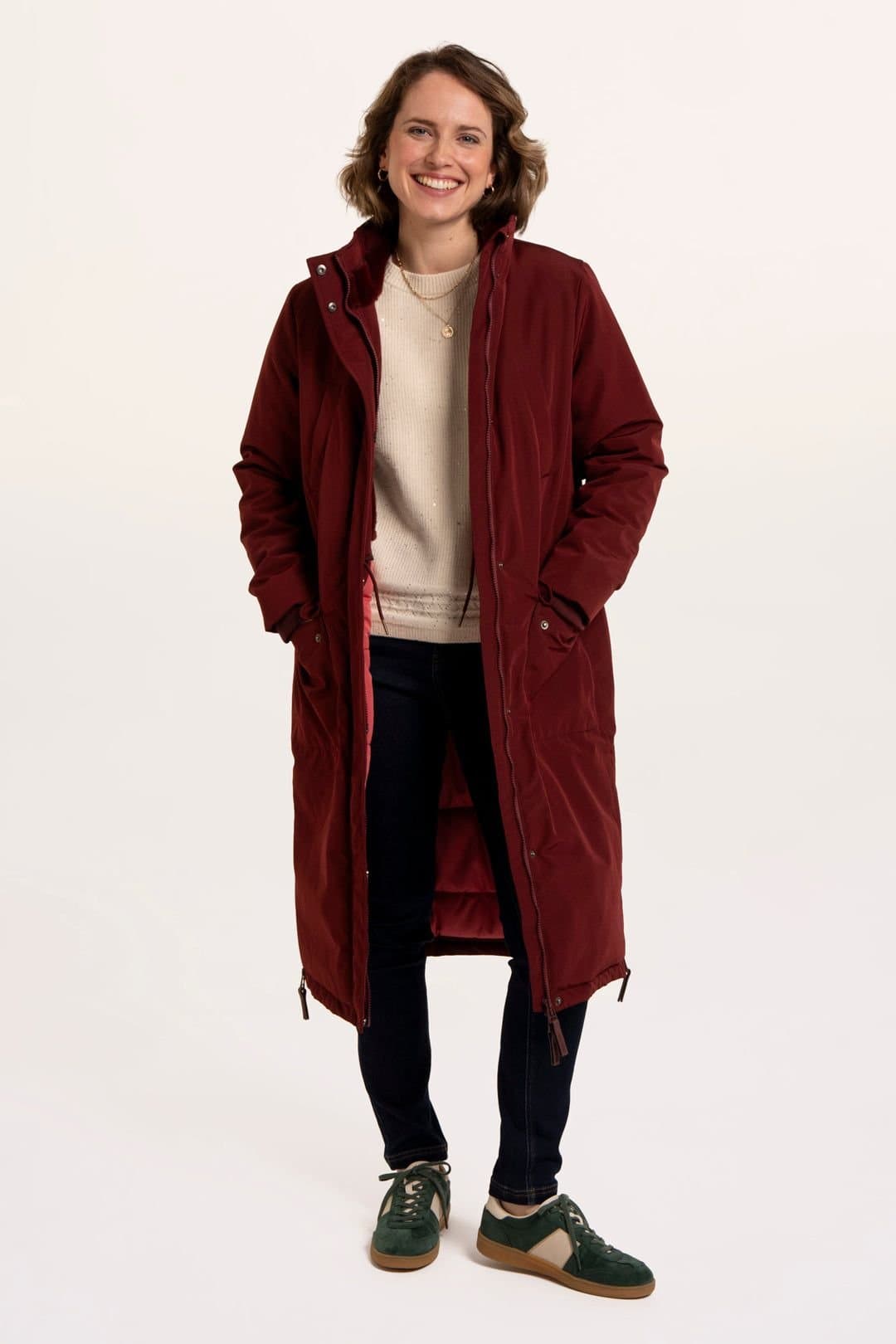 Brakeburn Brakeburn Women's Poplar Flat Front Funnel Neck Puffer Long Line Coat in Burgundy
