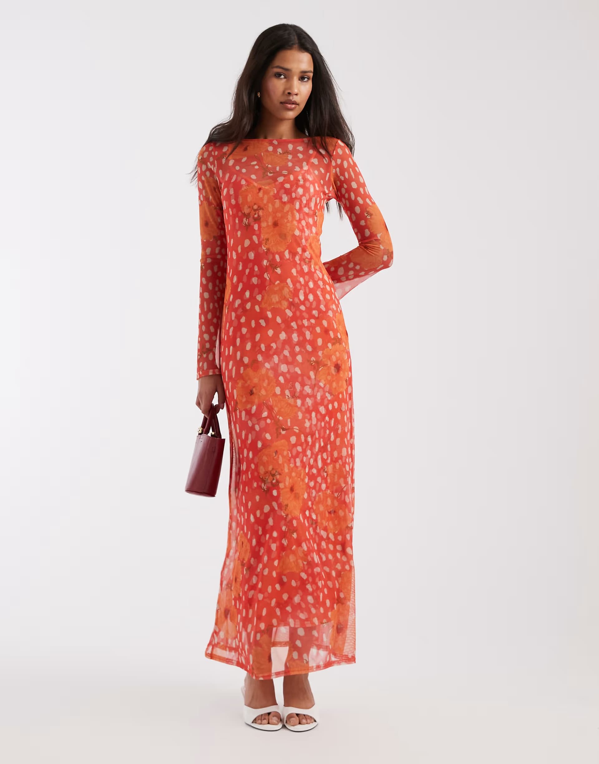 ASOS Never Fully Dressed Aria long sleeved mesh maxi dress in coral spot poppy print