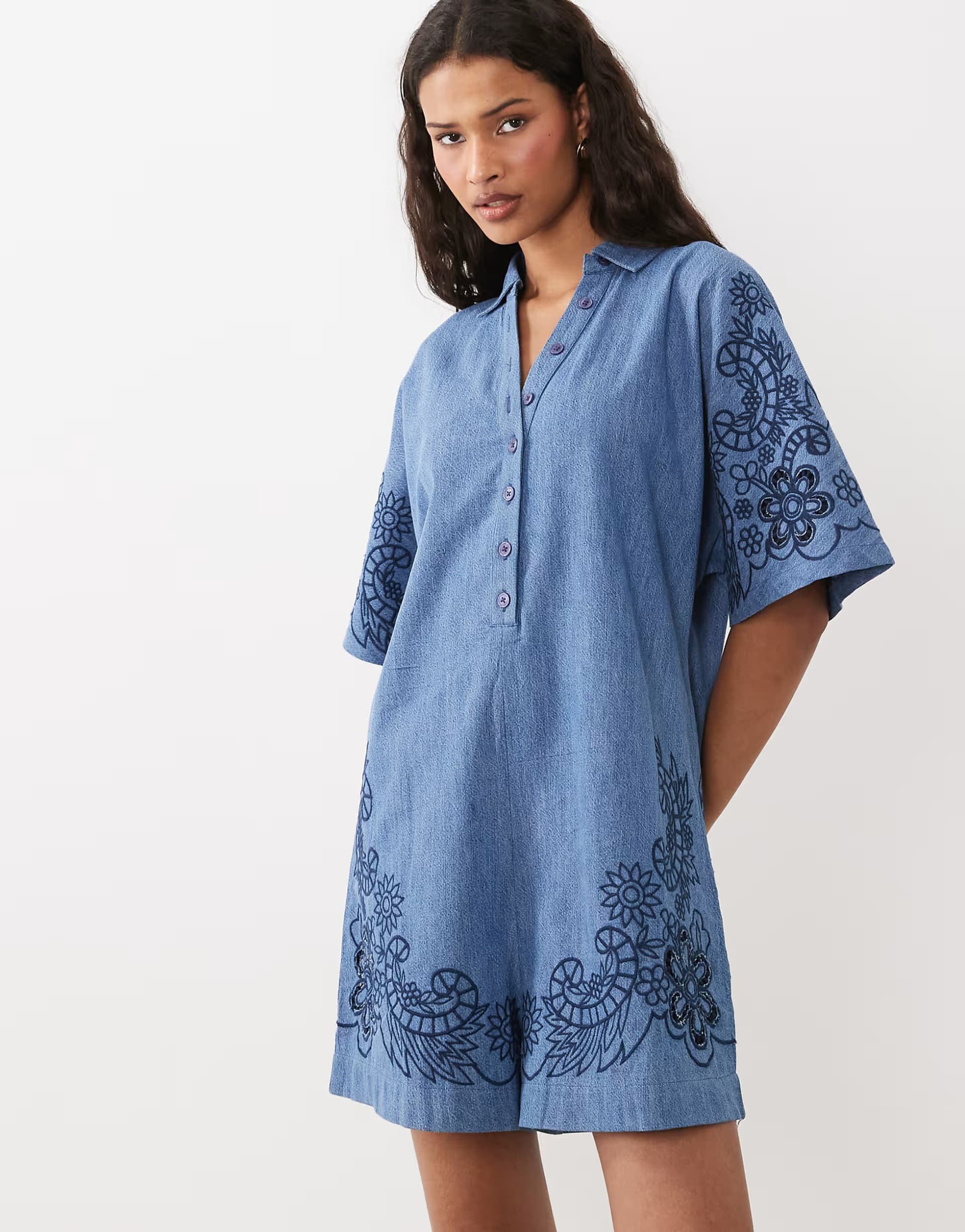 ASOS ASOS DESIGN soft denim crochet playsuit in darkwash