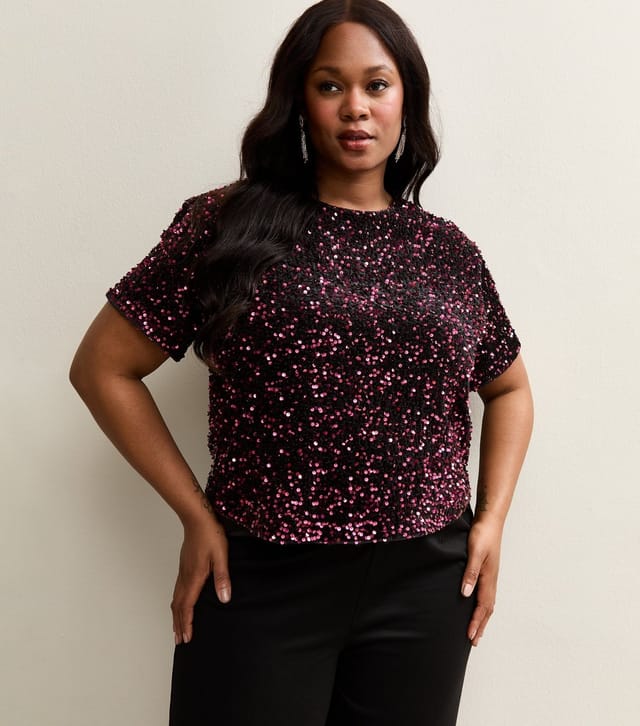 New Look Women's Plus Size Burgundy Sequinned Top Curves New Look - 2