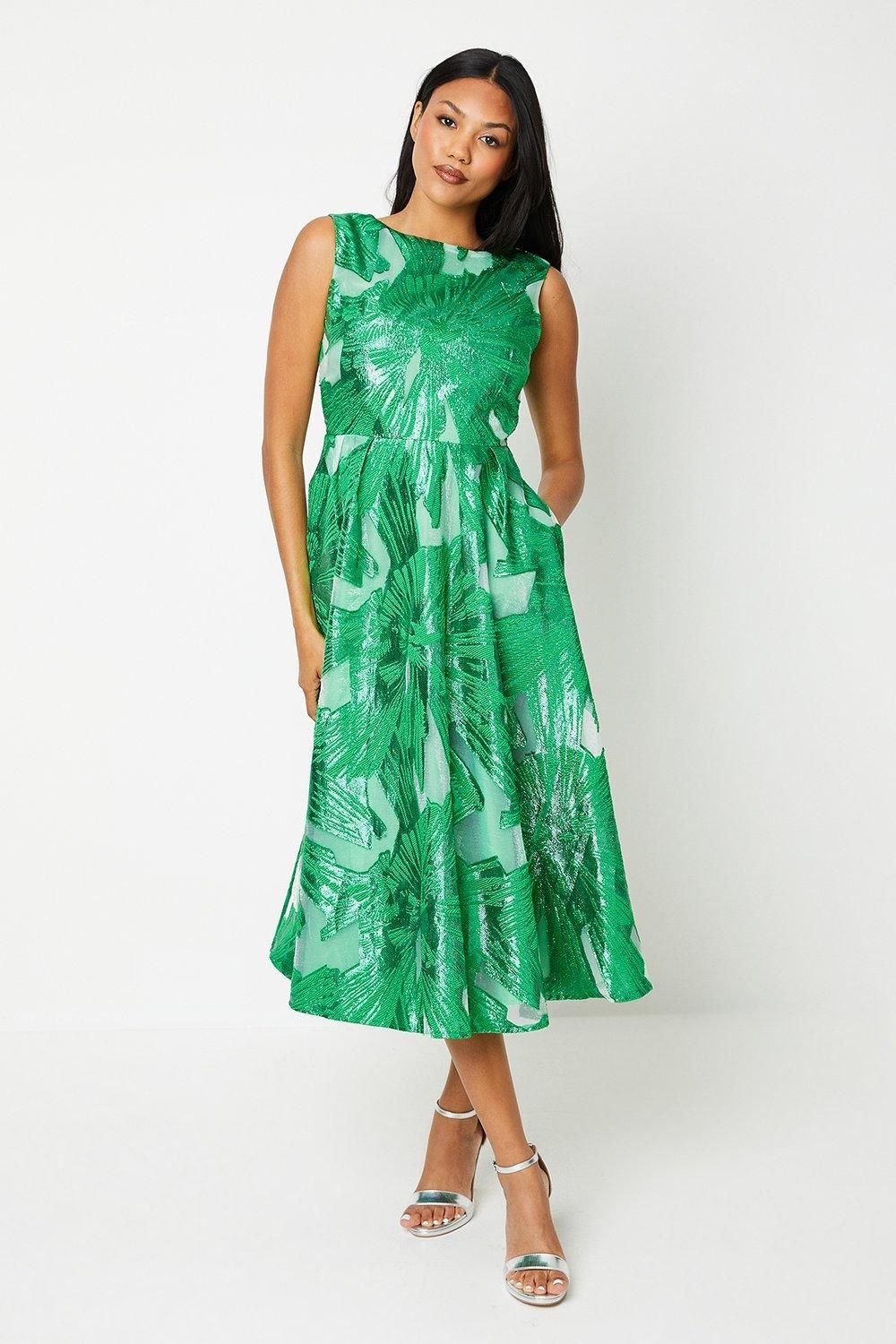 Coast Coast Women's Premium Jacquard Midi Wedding Guest Dress in Green - 2