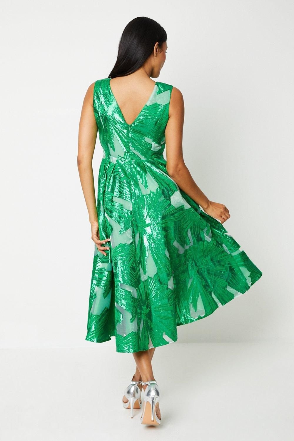 Coast Coast Women's Premium Jacquard Midi Wedding Guest Dress in Green - 3