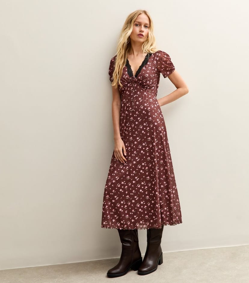 New Look Women's Brown Floral Print Lace Trimmed Midi Dress New Look - 1