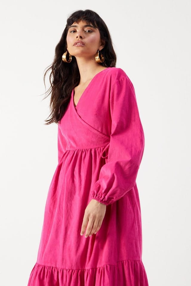 Warehouse Warehouse Women's Baby Cord Wrap Midi Smock Dress in Hot Pink - 2