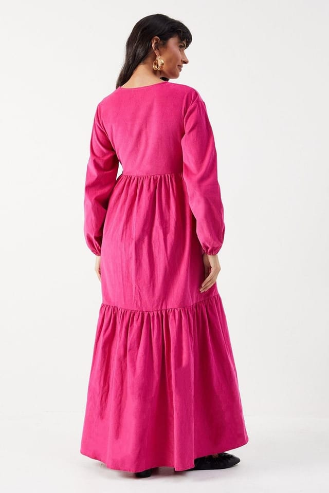 Warehouse Warehouse Women's Baby Cord Wrap Midi Smock Dress in Hot Pink - 3