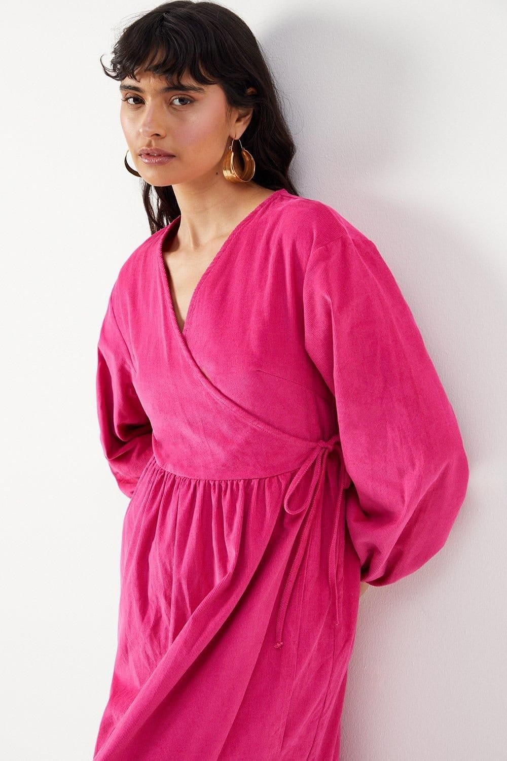 Warehouse Warehouse Women's Baby Cord Wrap Midi Smock Dress in Hot Pink - 4