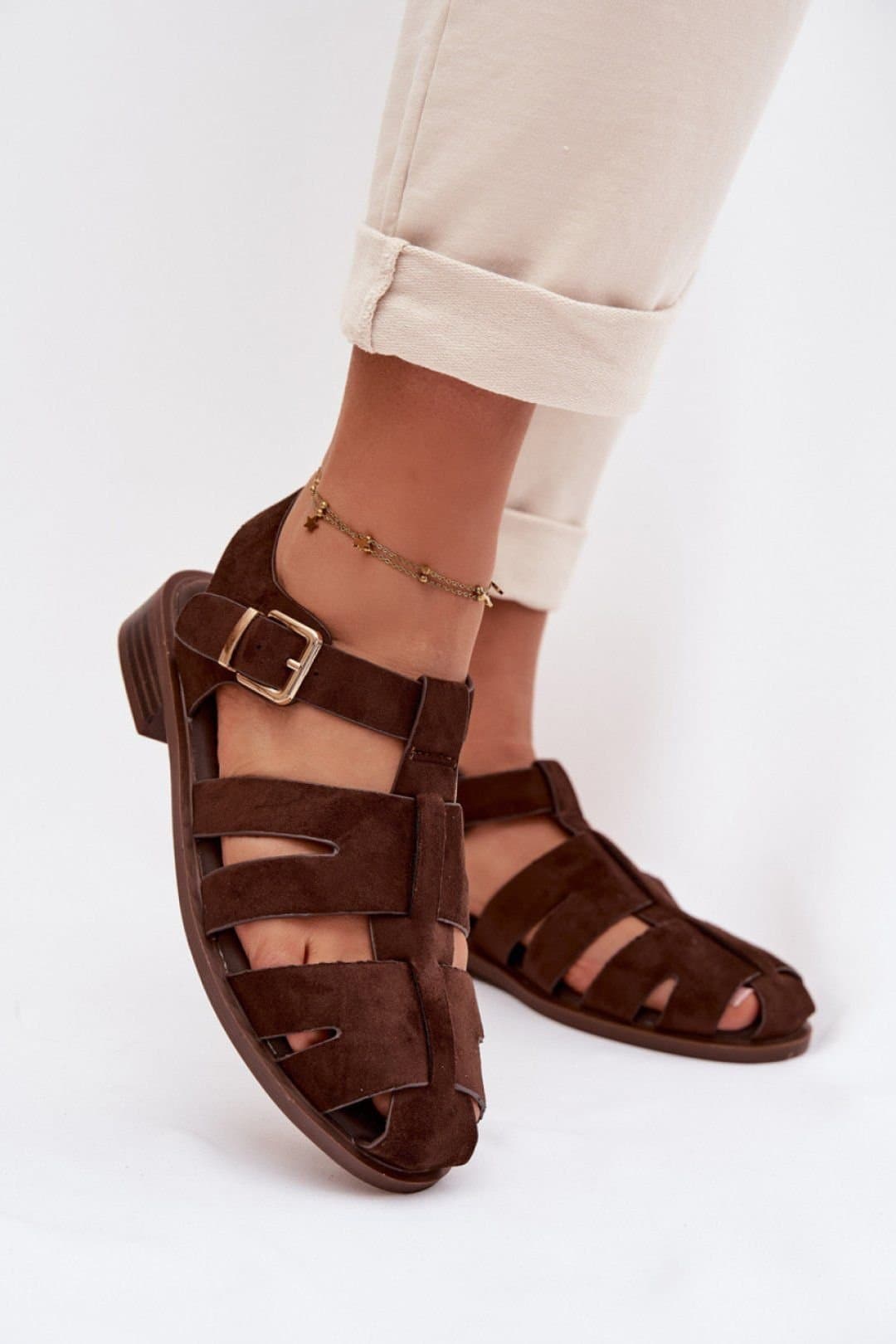 Love Lace Love Lace Women's Roman Style Flat Sandals Adjustable Strap Gold Buckle Summer in Brown