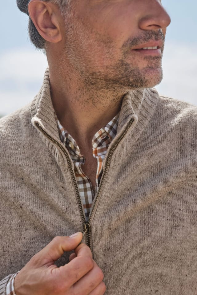 WoolOvers WoolOvers Men's 100% Wool Lincoln Zipper Cardigan in Camel - 3