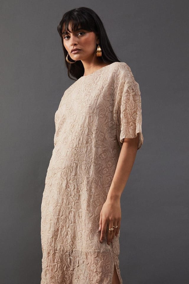 Warehouse Warehouse Women's Premium Tissue Organza Midaxi T-Shirt Dress in Khaki - 2