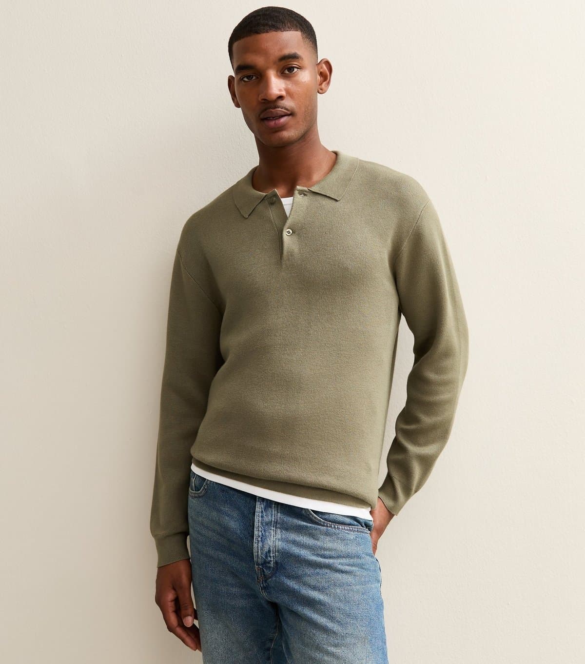 New Look Men's Khaki Relaxed Fit Long Sleeve Button Polo Shirt New Look