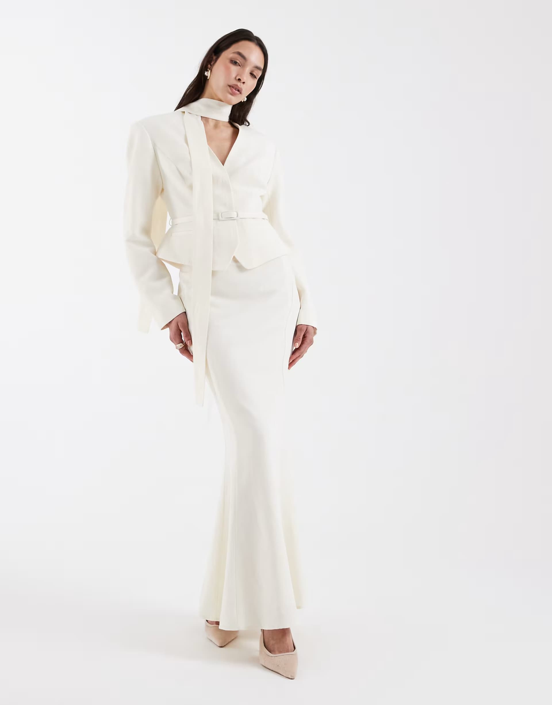 ASOS ASOS DESIGN tailored blazer with neck scarf detail and maxi skirt co-ord in cream