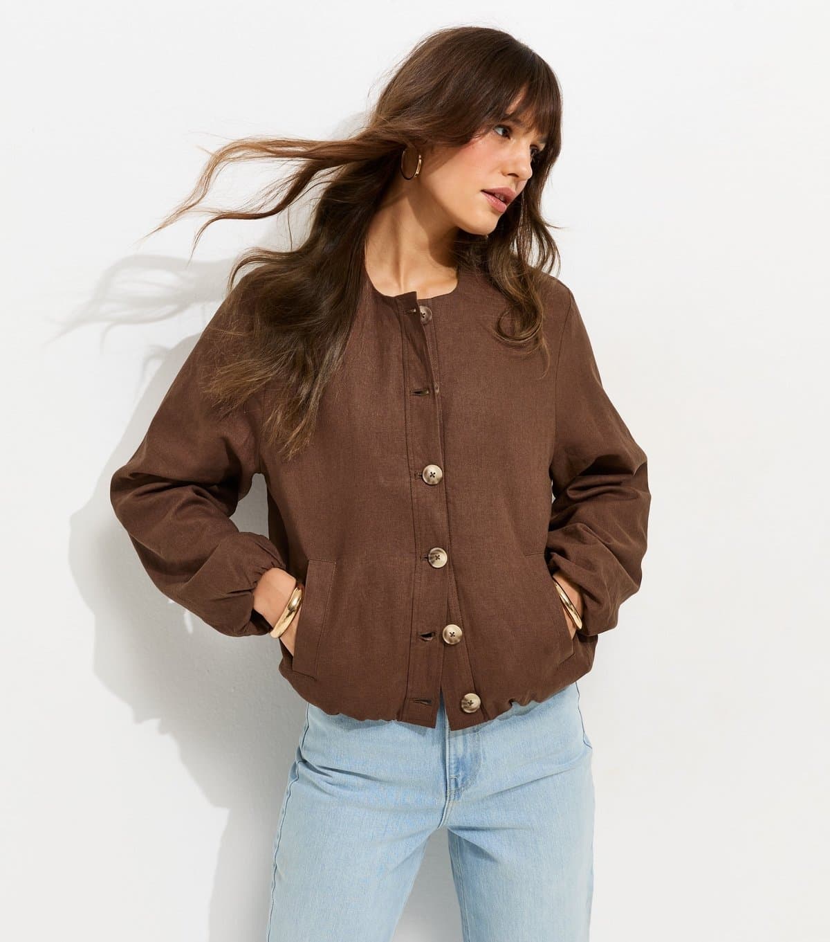 New Look Women's Tall Dark Brown Linen Blend Button Through Bomber Jacket New Look