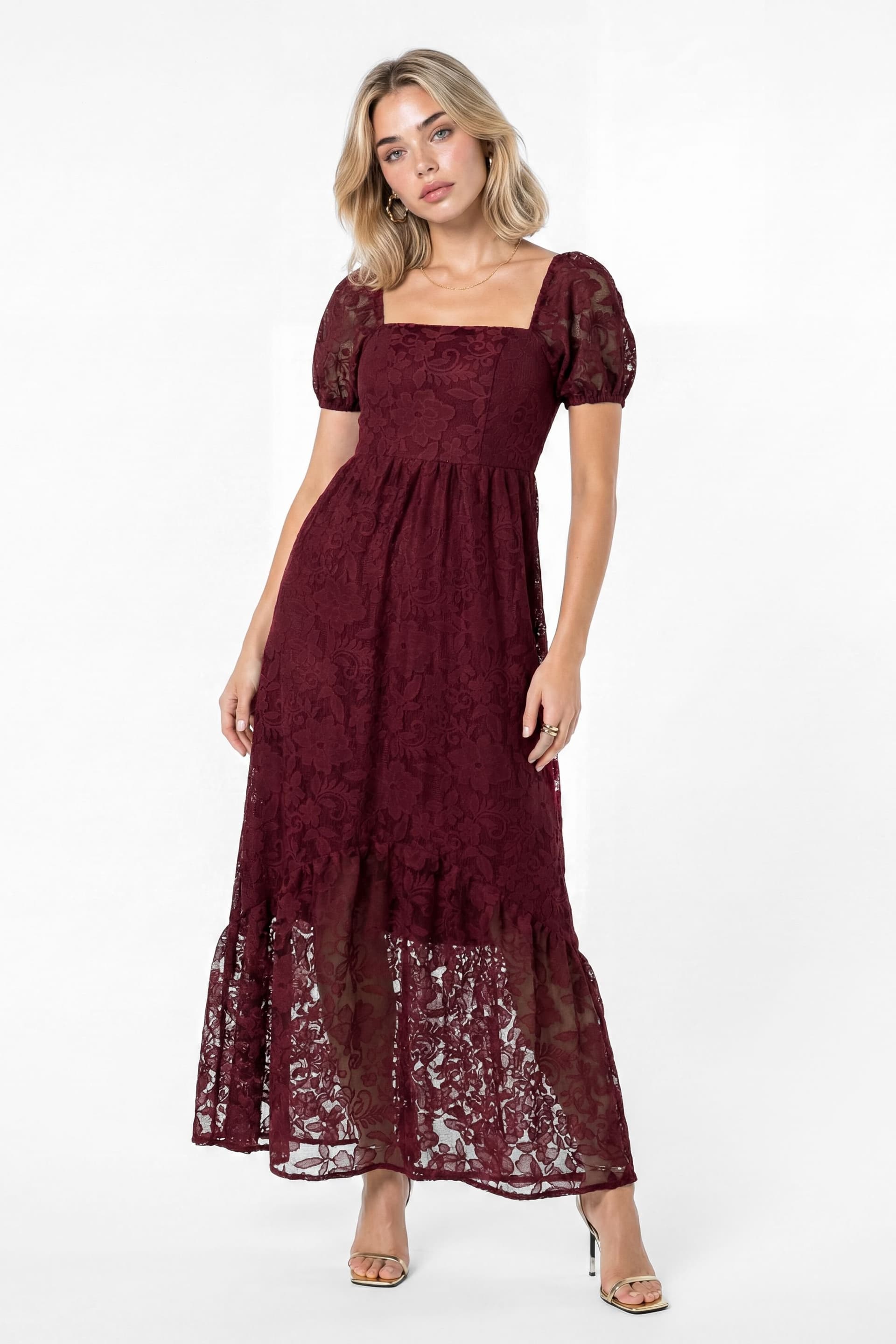 Lovedrobe Lovedrobe Women's Floral Mesh Lace Square Neck Midaxi Dress in Grape