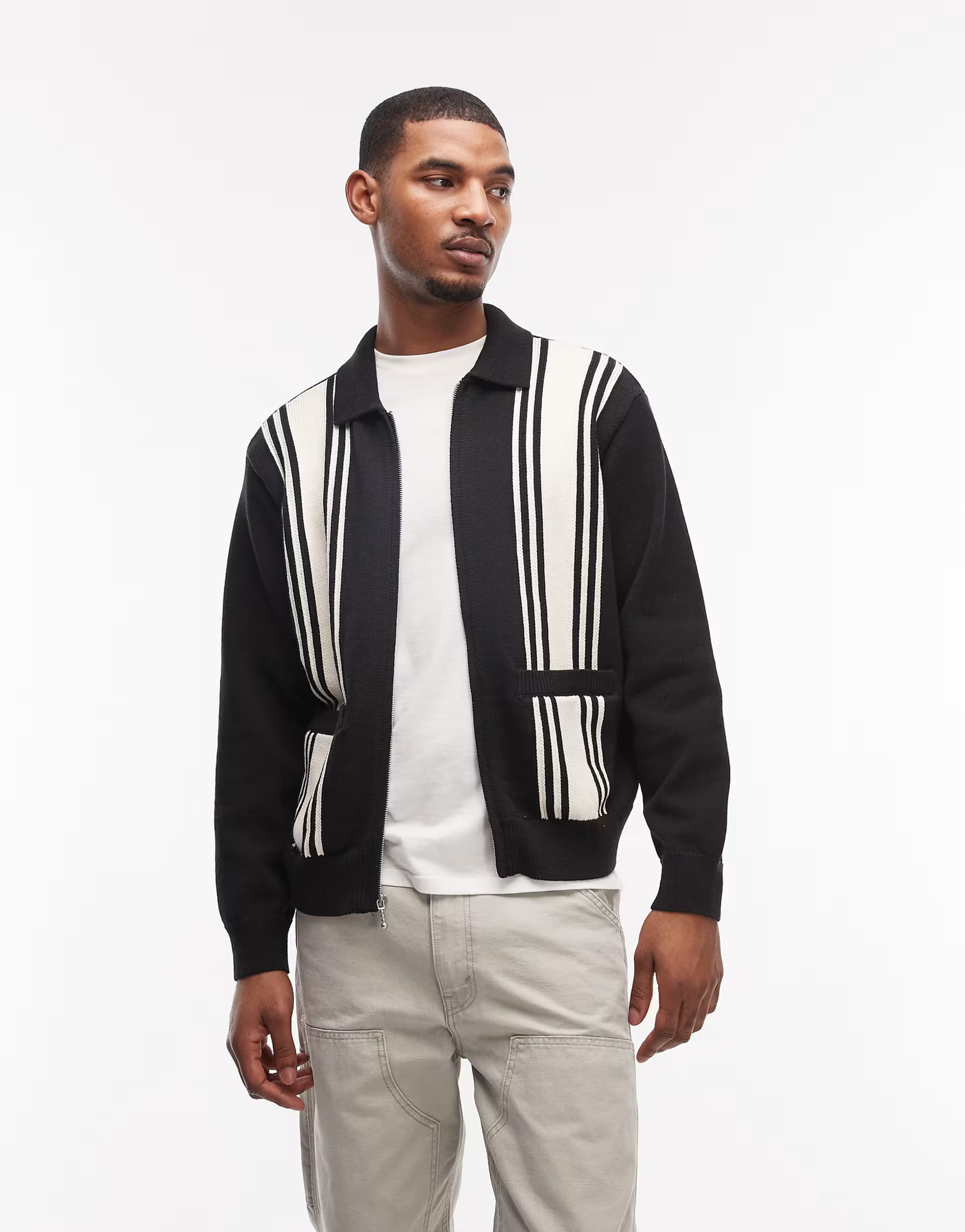 ASOS Obey matt stripe zip up knitted jumper in black