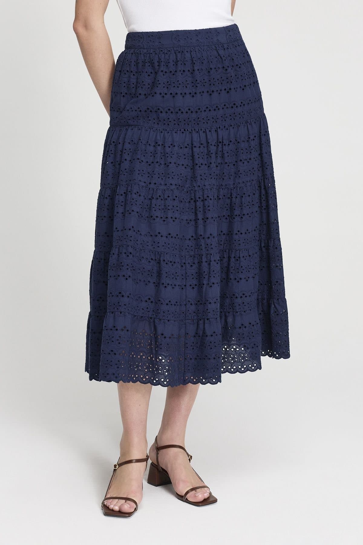 Finery London Finery London Women's Siobhan Broderie Tiered Midi Skirt in Dark Navy