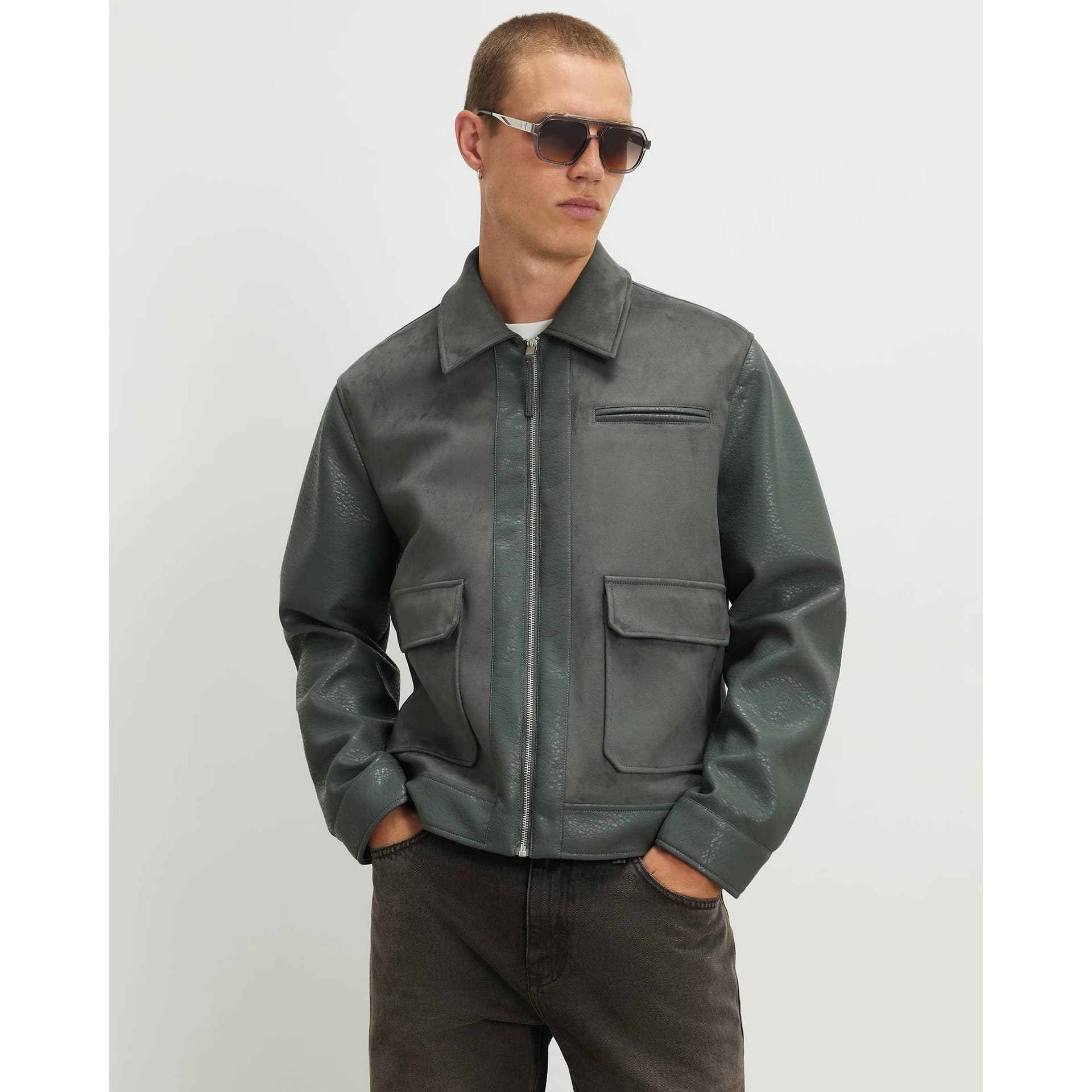 River Island Mens River Island Green Faux Leather Blocked Harrington Jacket