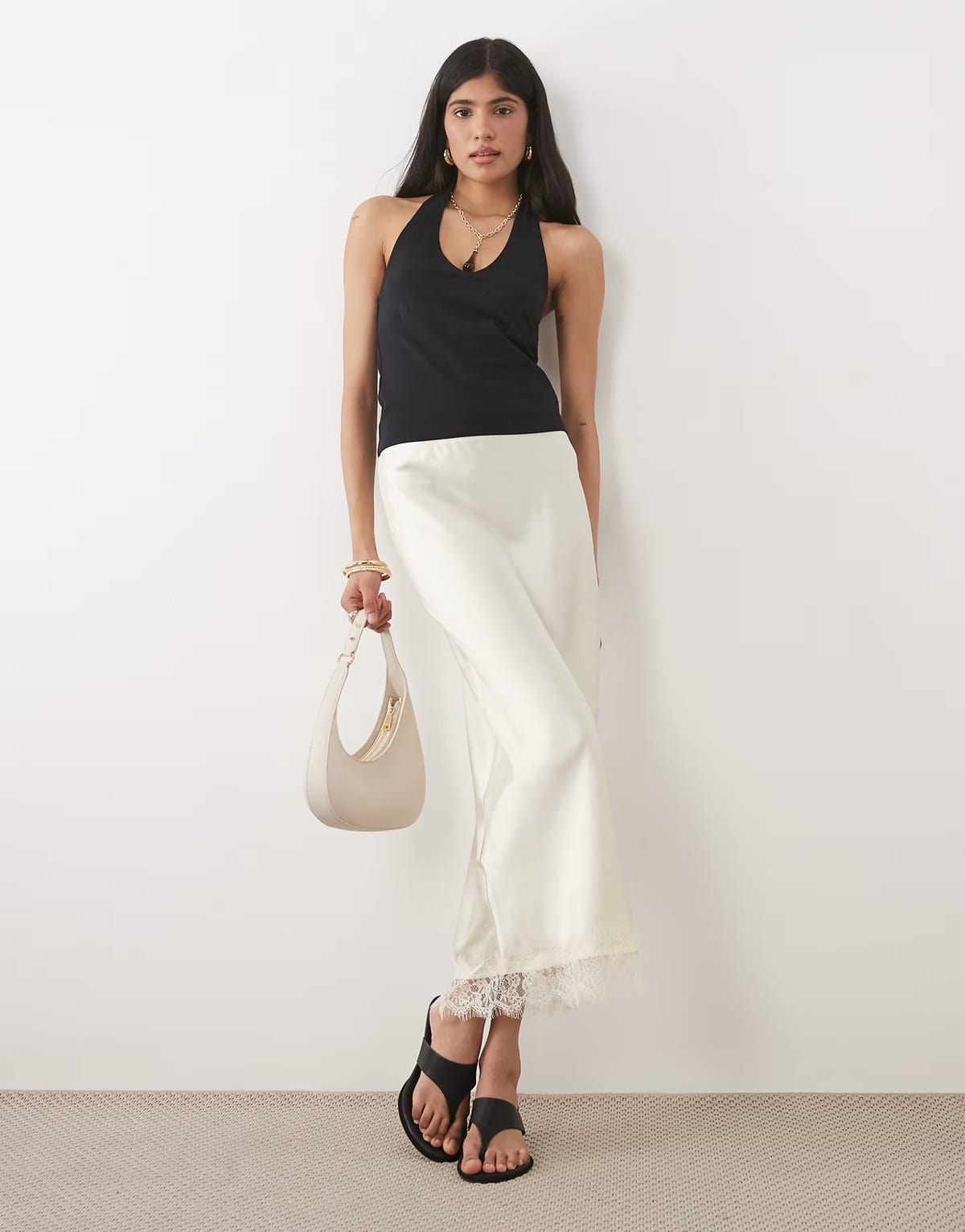 ASOS New Look lace trim satin midi skirt in cream - 1