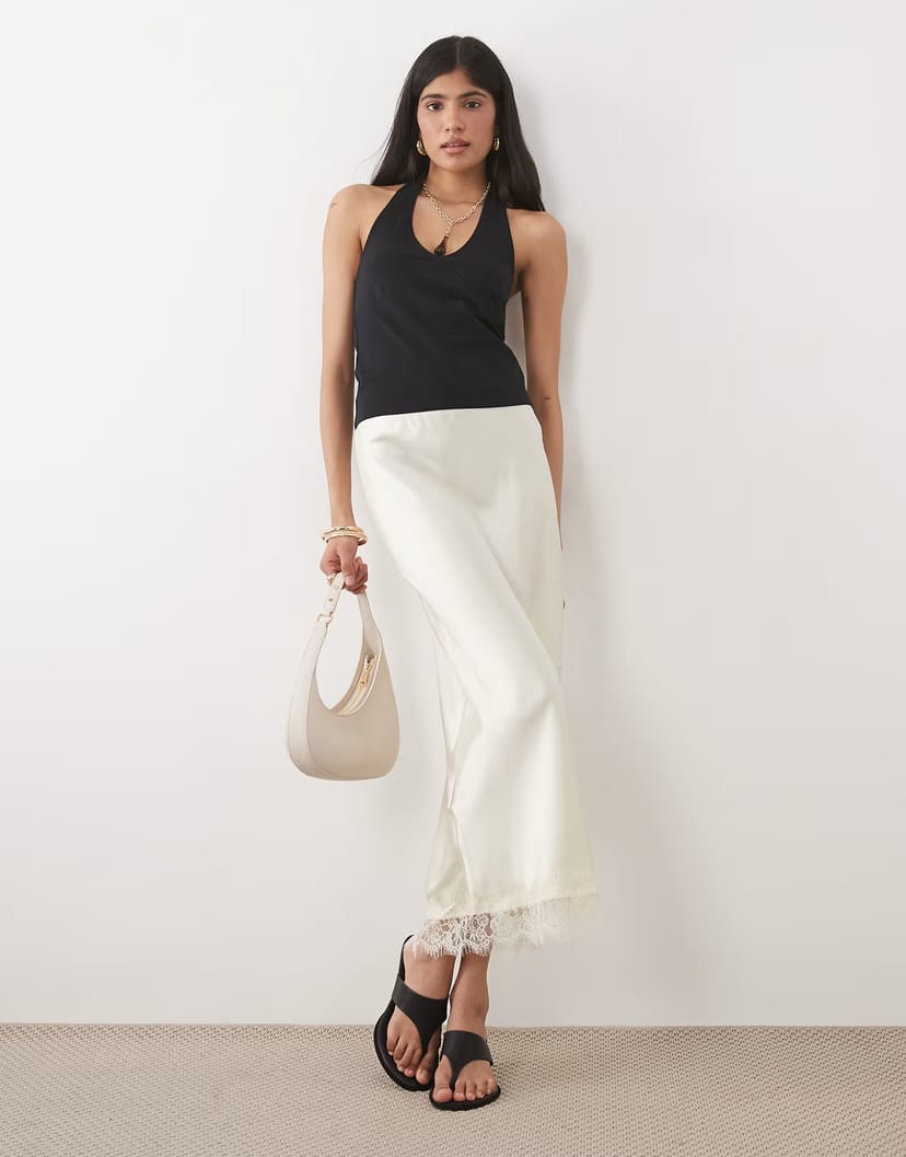 ASOS New Look lace trim satin midi skirt in cream - 1