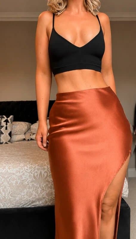 ASOS ASOS Rust Copper Satin Maxi Skirt High Slit