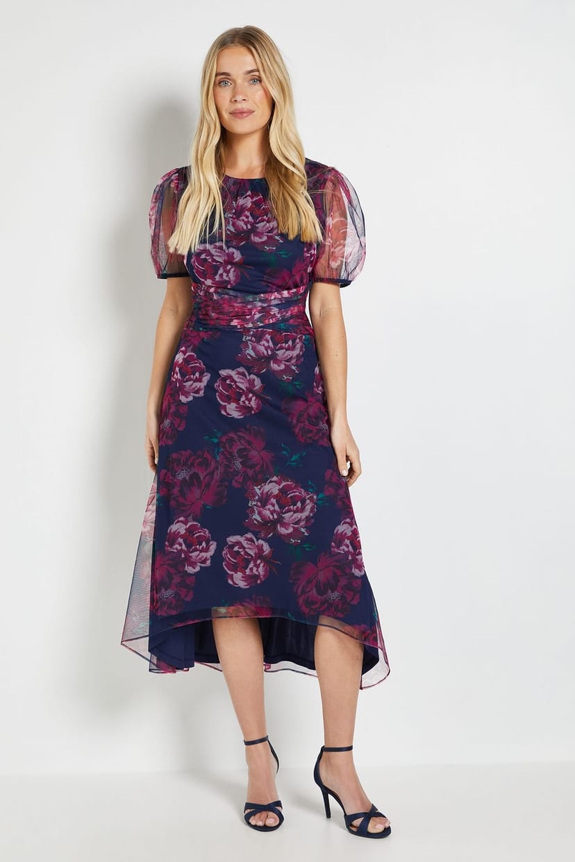 Wallis Wallis Women's Petite Floral Mesh Pleated Midi Dress in Blue - 1
