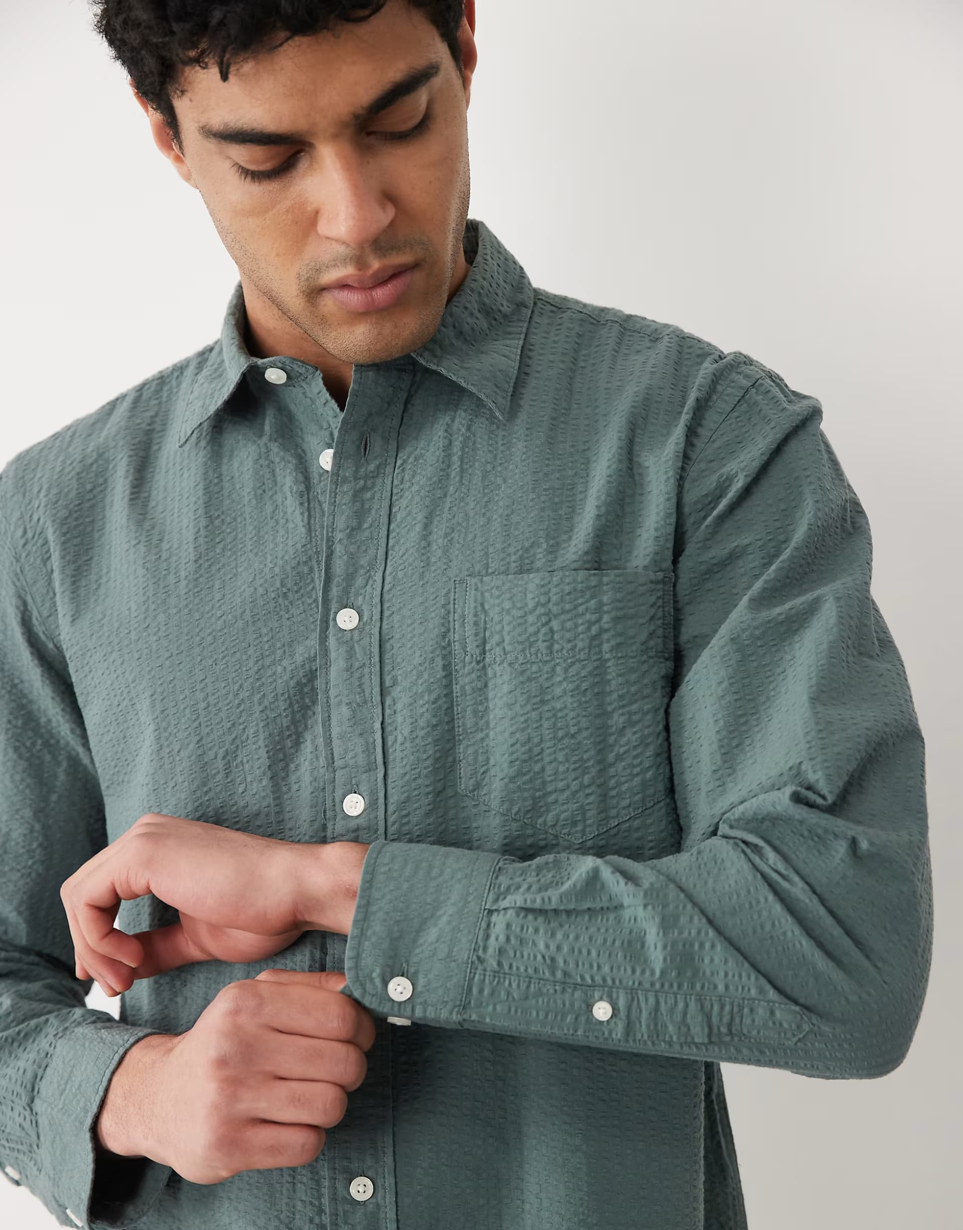 ASOS Selected 100% cotton long sleeve seersucker shirt in dark green