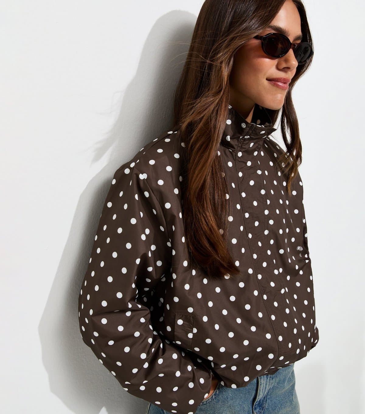 New Look Women's Petite Brown Polka Dot Bubble Hem Zip Front Jacket New Look