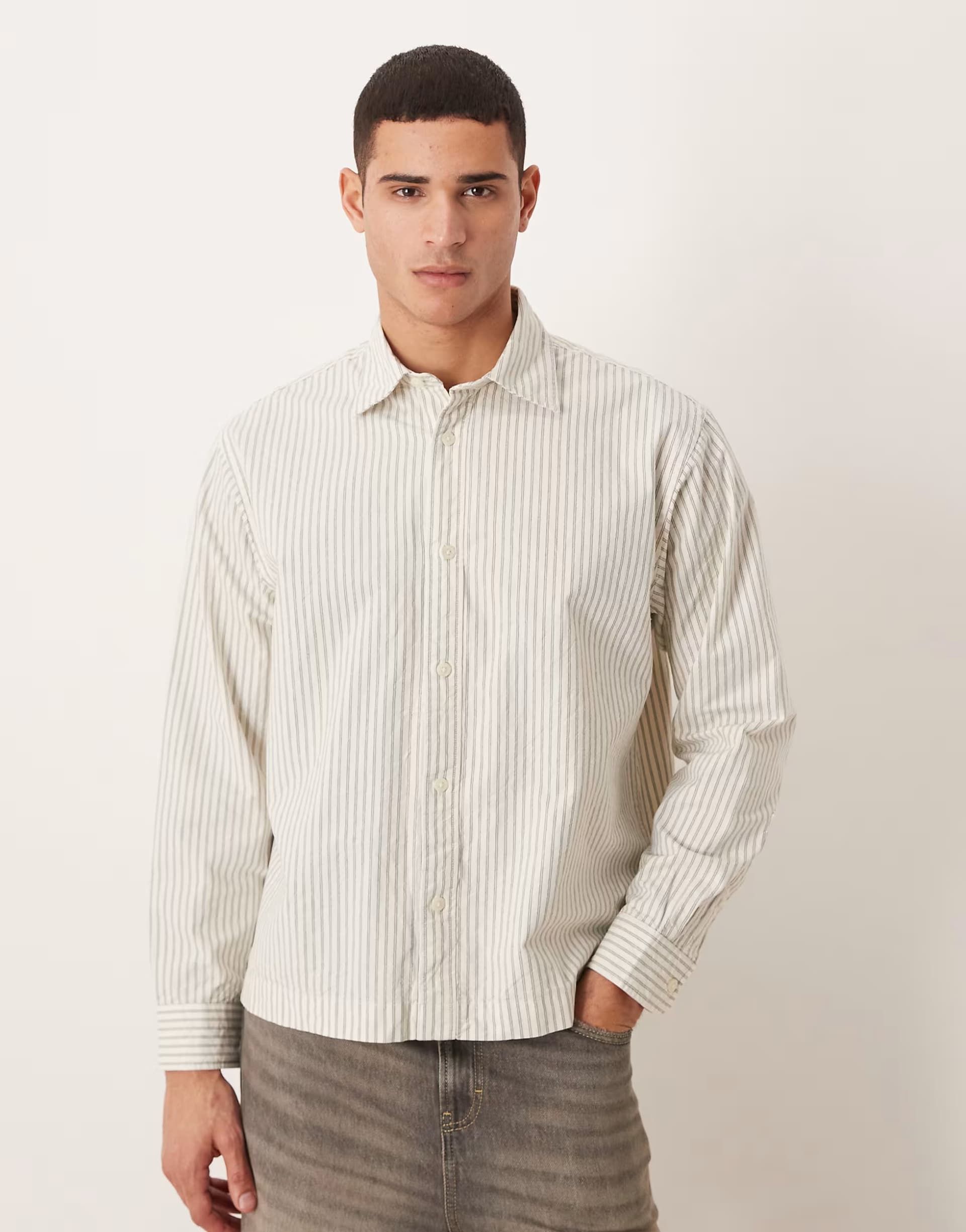 ASOS Selected oversized boxy stripe shirt in beige