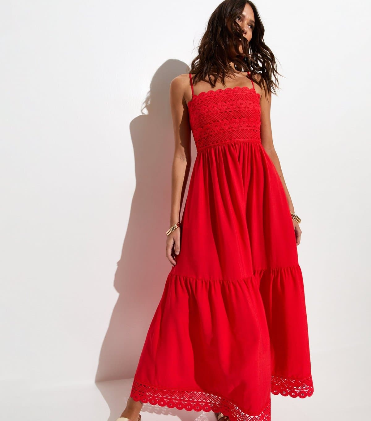 New Look Women's Bright Red Crochet Panel Beach Maxi Dress New Look