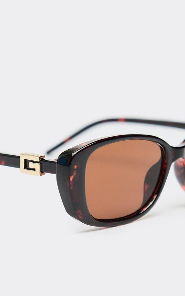 EGO Side Gold Logo Detail Thin Framed Cateye Shaped Brown Tinted Lense Sunglasses In Brown Leopard Print, Women's Size UK 0 - 2