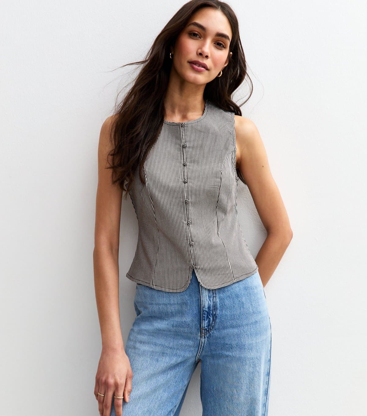 New Look Women's Black Gingham Jersey Button Up Top New Look