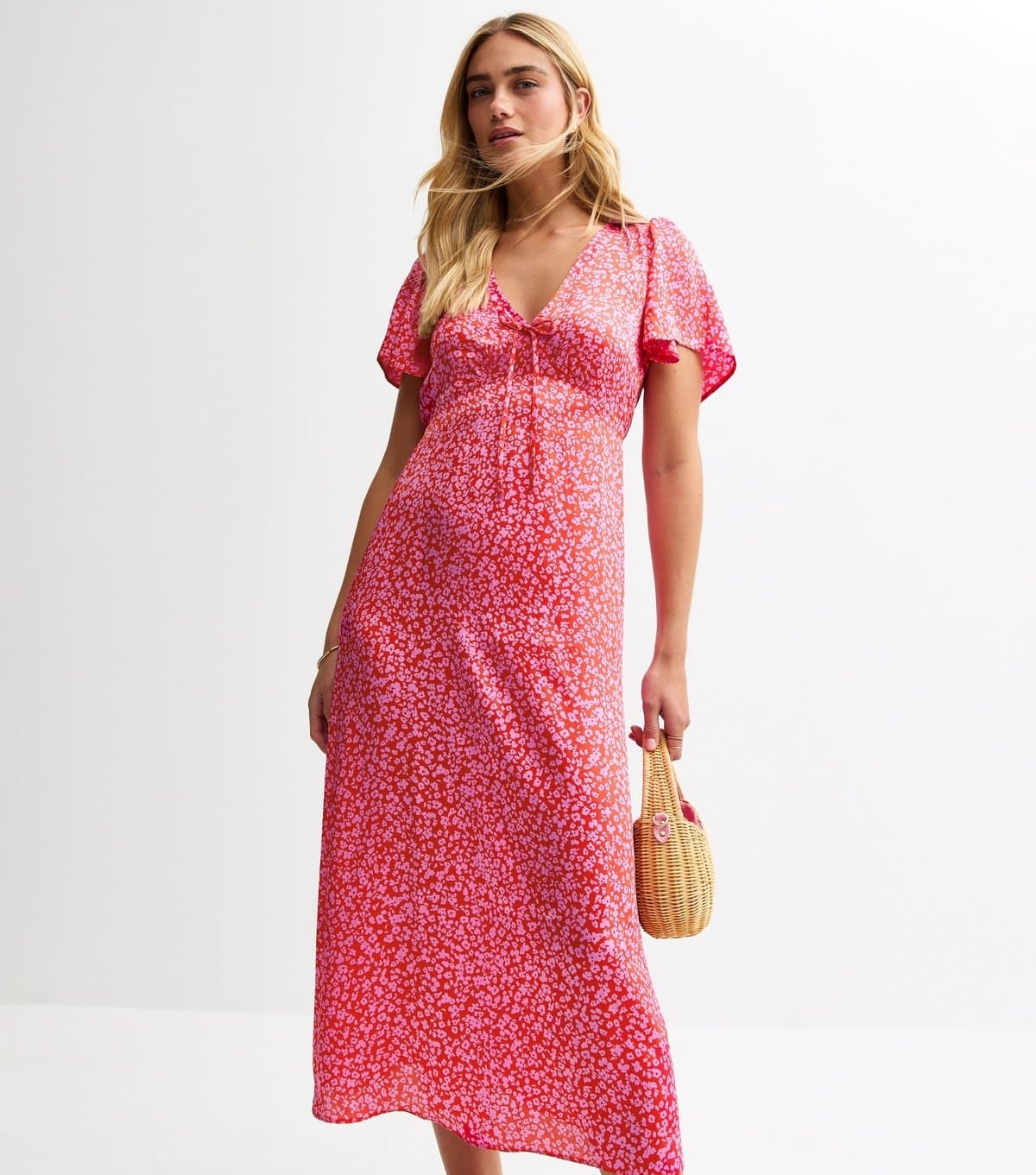 New Look Women's Pink Floral Print Tie Neck Satin Midi Dress New Look