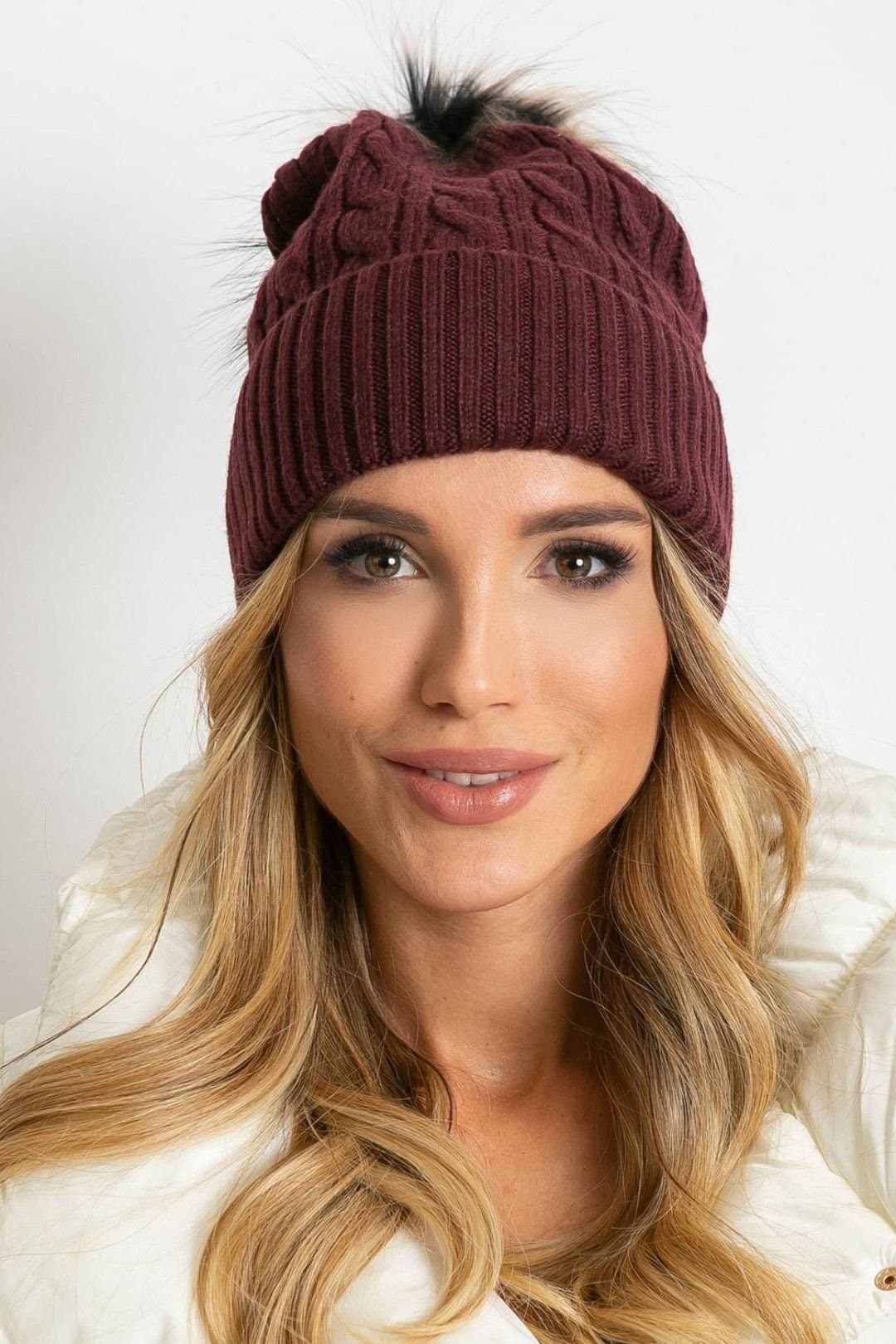Love Lace Love Lace Burgundy Knit Beanie Hat With Pom Pom