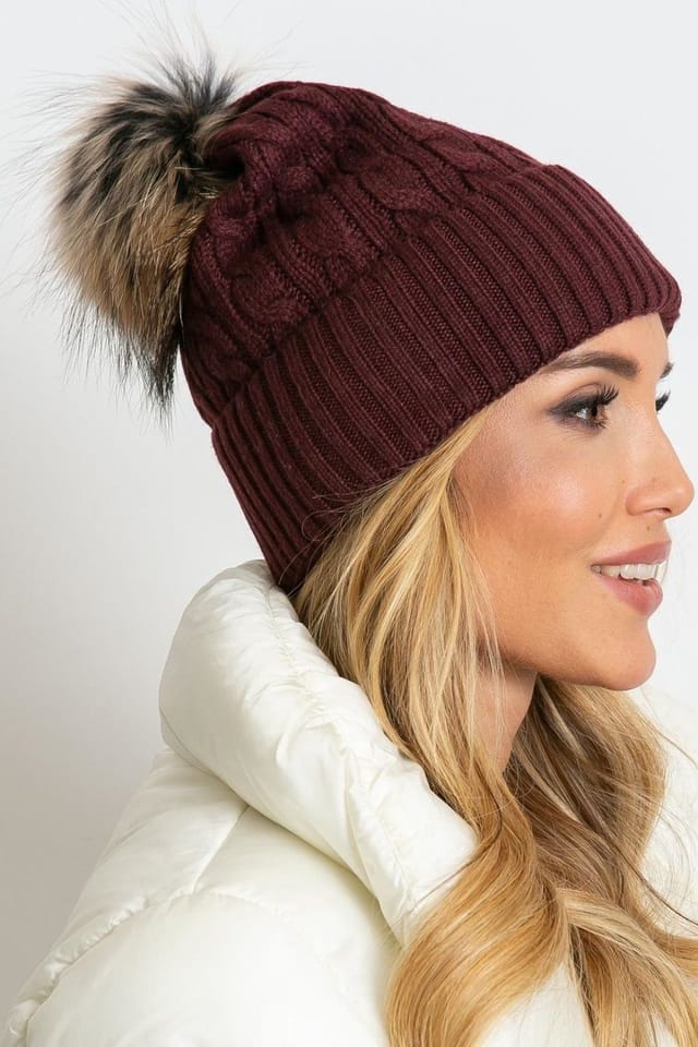Love Lace Love Lace Women's Winter Hat With Wide Cuff & Fluffy Pom Pom Knit Beanie Warm in Burgundy - 2