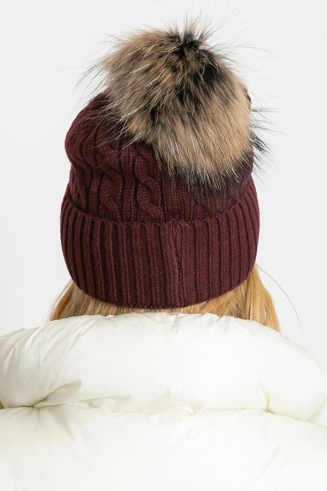 Love Lace Love Lace Women's Winter Hat With Wide Cuff & Fluffy Pom Pom Knit Beanie Warm in Burgundy - 3