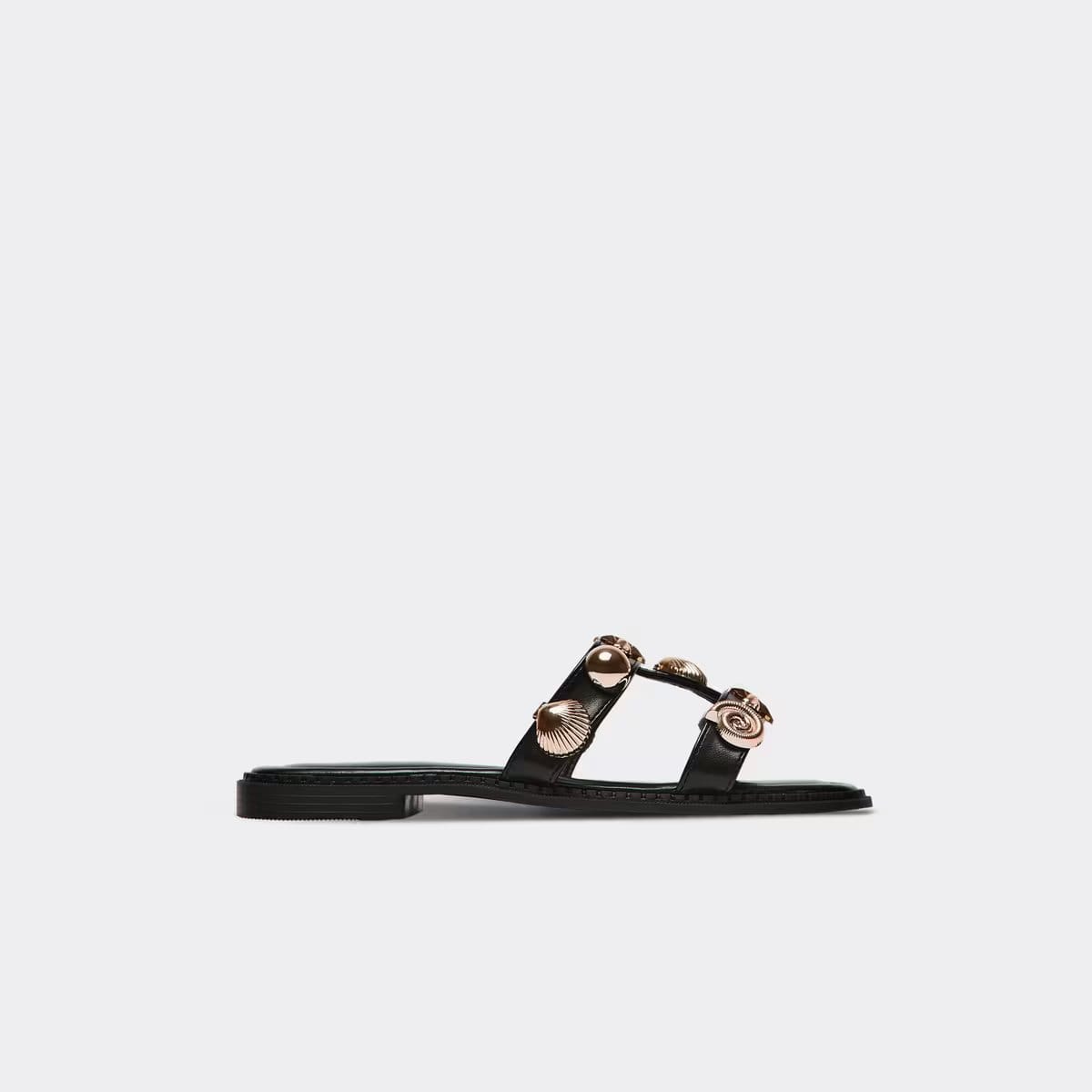 EGO Merrie Shell Detail Cut Out Cage Strap Flat Slider Sandal In Black Faux Leather, Women's Size UK 3 - 1