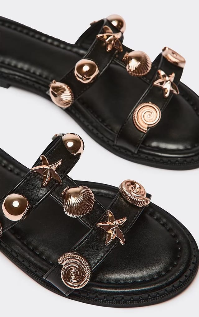 EGO Merrie Shell Detail Cut Out Cage Strap Flat Slider Sandal In Black Faux Leather, Women's Size UK 3 - 2