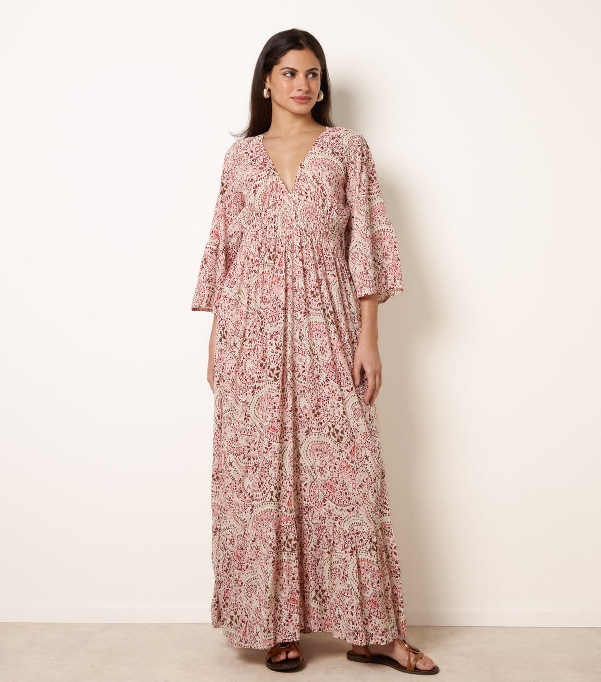 Blue Vanilla Pink Printed V-Neck Midi Dress