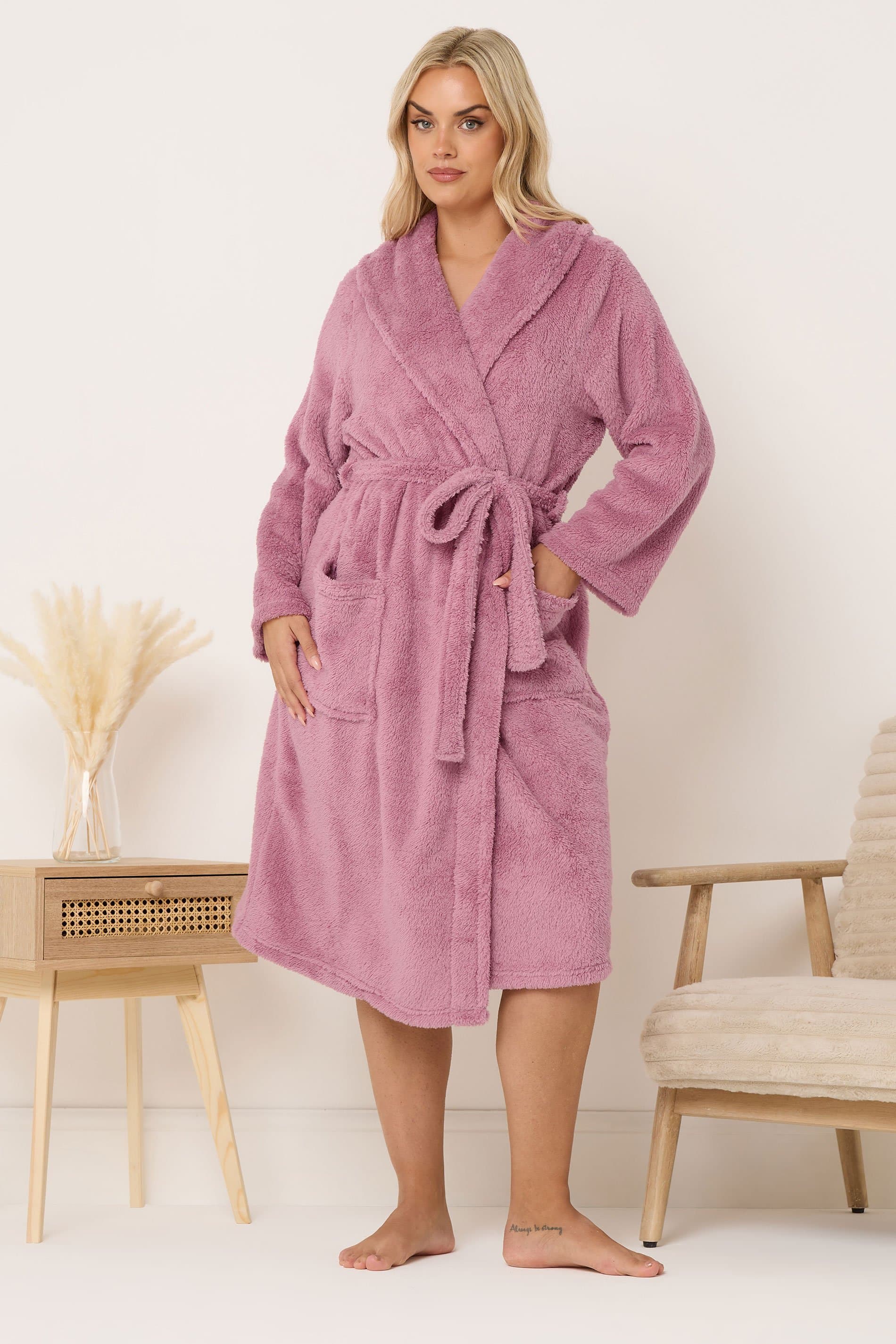 Yours Plus Size Pink Shawl Collar Fluffy Dressing Gown